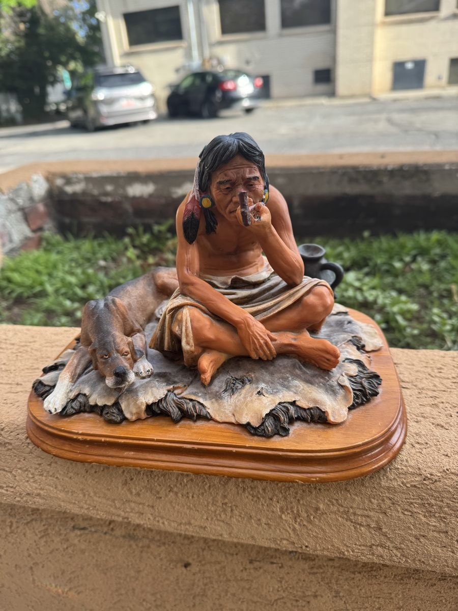 RARE Vintage Native American Indian Ceramic Man Flute Pipe Antique Statue