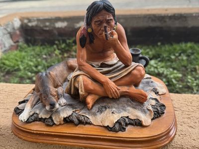 RARE Vintage Native American Indian Ceramic Man Flute Pipe Antique Statue