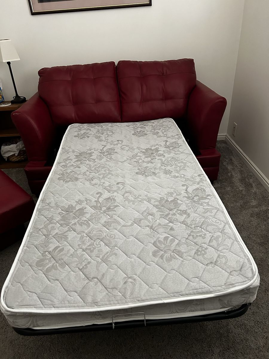 Red Leather Sleeper Sofa Bed Loveseat with Fold-Out Mattress.
