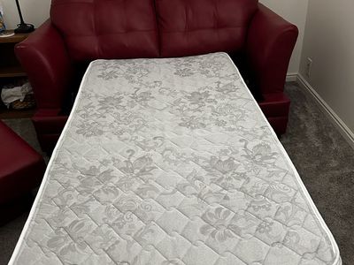 Red Leather Sleeper Sofa Bed Loveseat with Fold-Out Mattress.