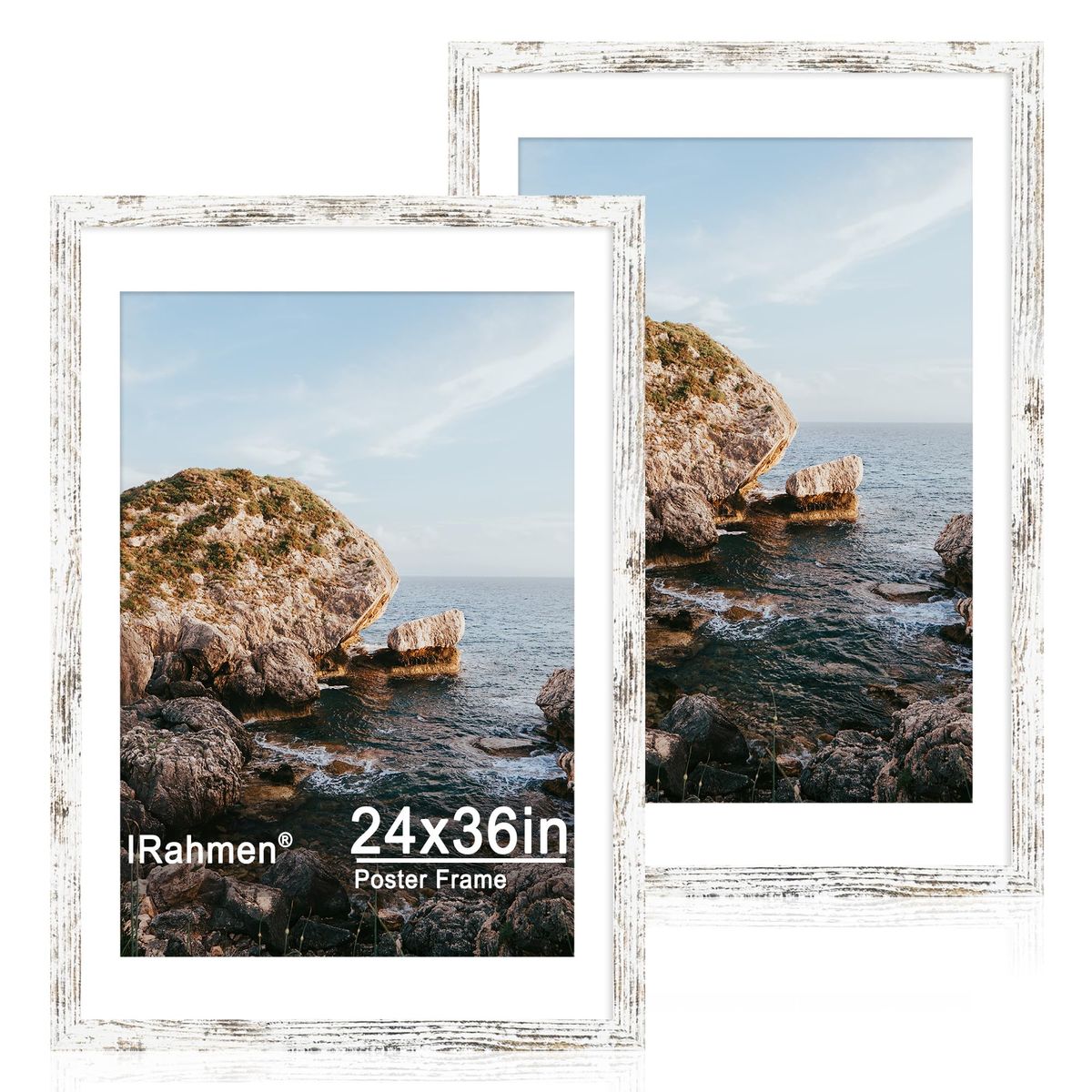 iRahmen 24x36 Poster Frame Set of 2 with Plexiglass, Distressed White Wood Frames Display 20x30 Picture with Mat or 24 x 36 With