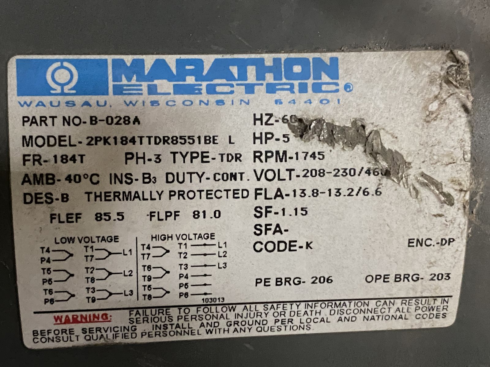 Electric 5hp motors, 184T frame, "K" Code, 1745 RPM