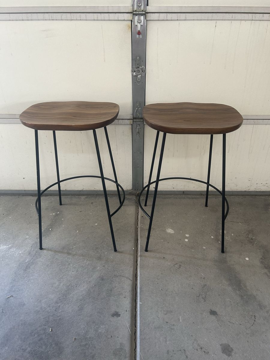 Two Wood & Black Metal Bar Stools - Counter Height