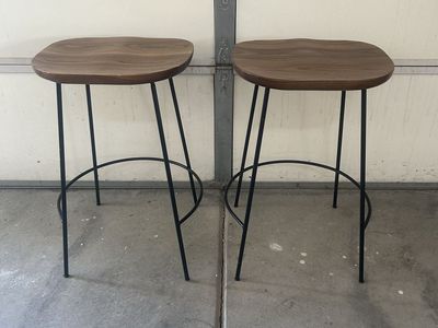 Two Wood & Black Metal Bar Stools - Counter Height