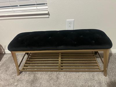 Black Velvet Tufted Bench with Gold Metal Frame and Lower Shelf