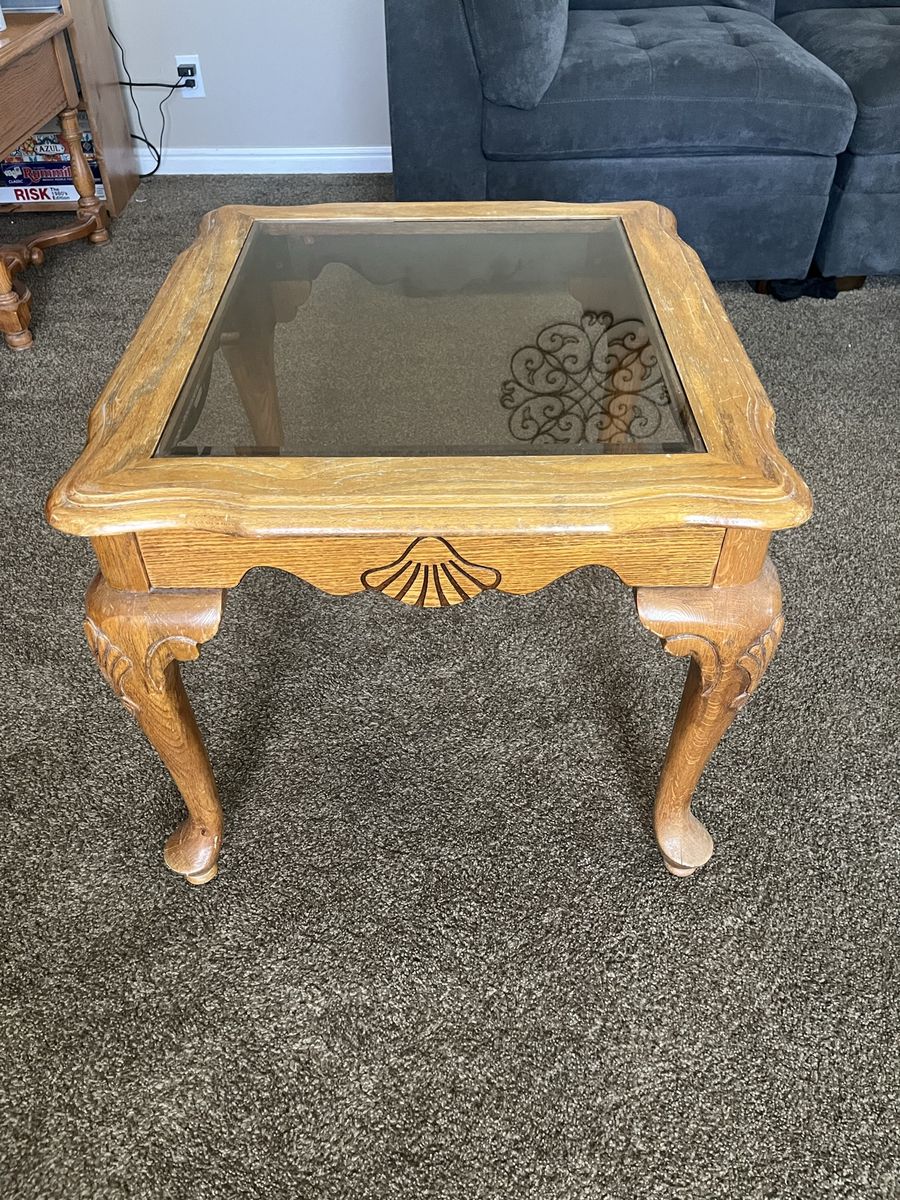 Vintage Carved Wood & Glass Top End Table - Square Accent Table