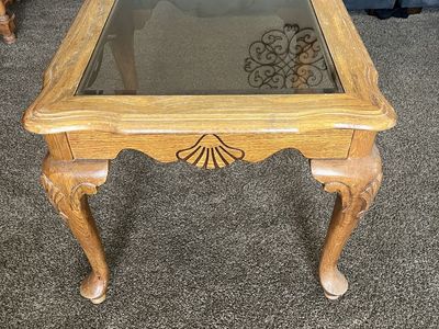 Vintage Carved Wood & Glass Top End Table - Square Accent Table