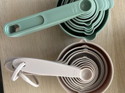 Nesting Measuring Cups & Spoons Set - 2 Sets (Green & Beige), $1 each