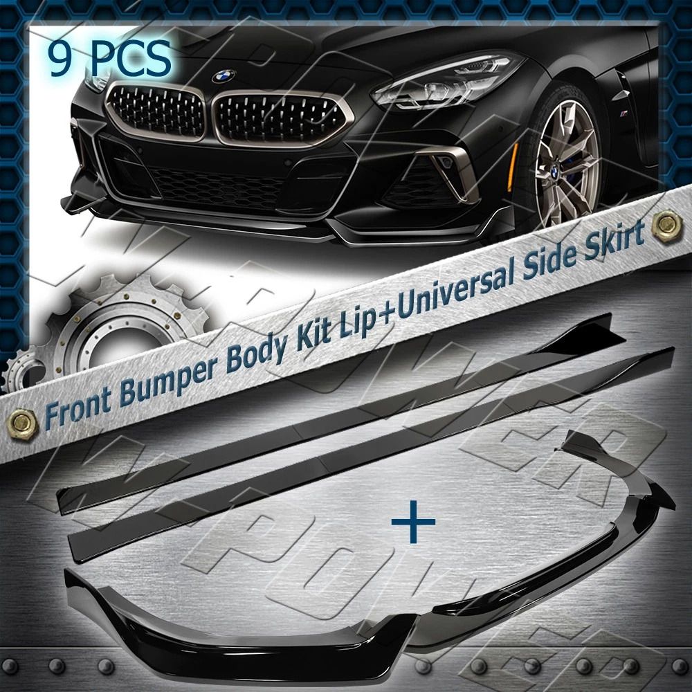 W-Power 9PC Painted Black For 2019-2022 BMW Z4 G29 Front Bumper Lip+Universal Side Skirt