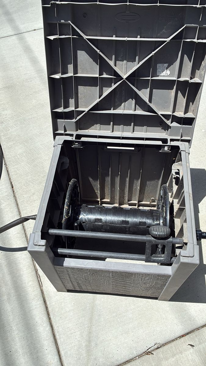 Used Garden Hose Reel Box - Durable Grey Plastic Storage for Yard Hoses