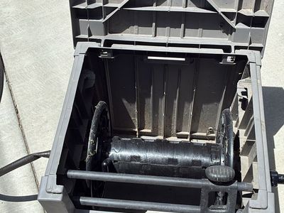Used Garden Hose Reel Box - Durable Grey Plastic Storage for Yard Hoses