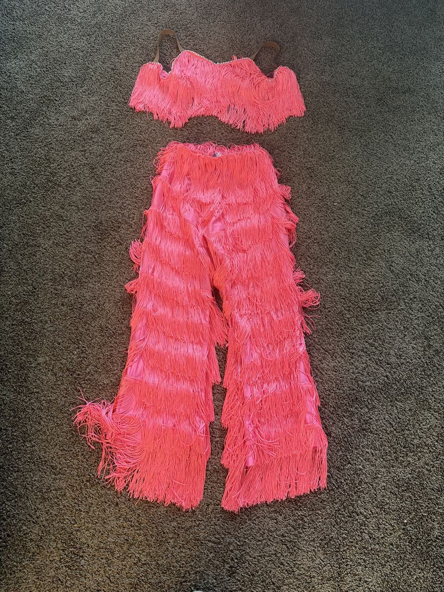 Child Medium jazz costume — bright neon fringe set