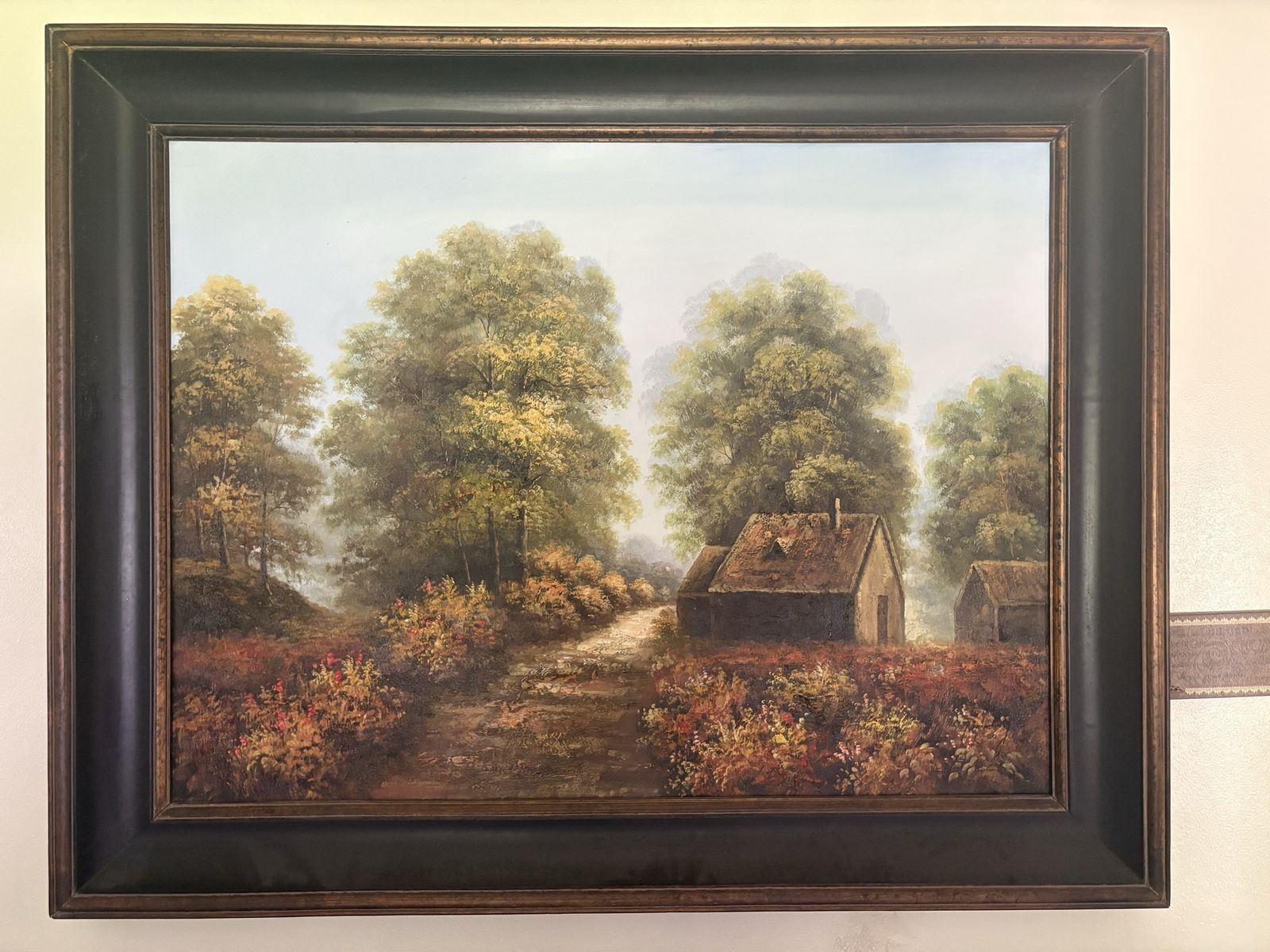 Large Framed Landscape Oil Painting of Countryside Cottages