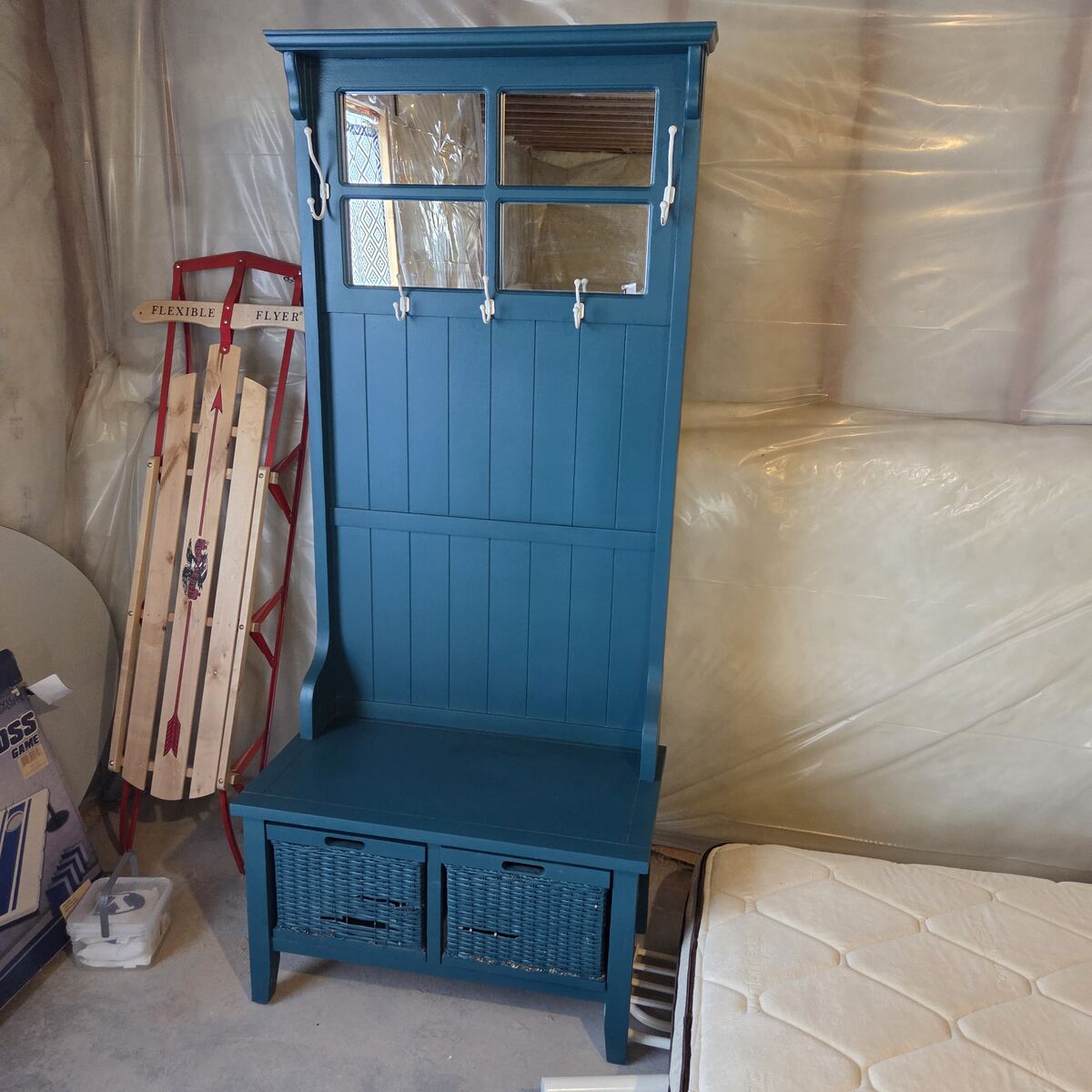 Teal Entryway Hall Tree with Mirror, Bench, & Storage