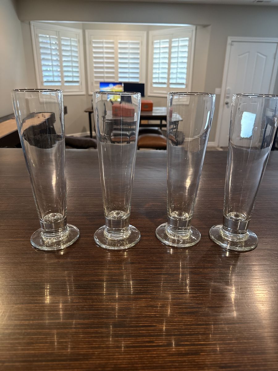 Set of 4 Clear Pilsner Beer Glasses with Silver Rim - Used, Great Condition