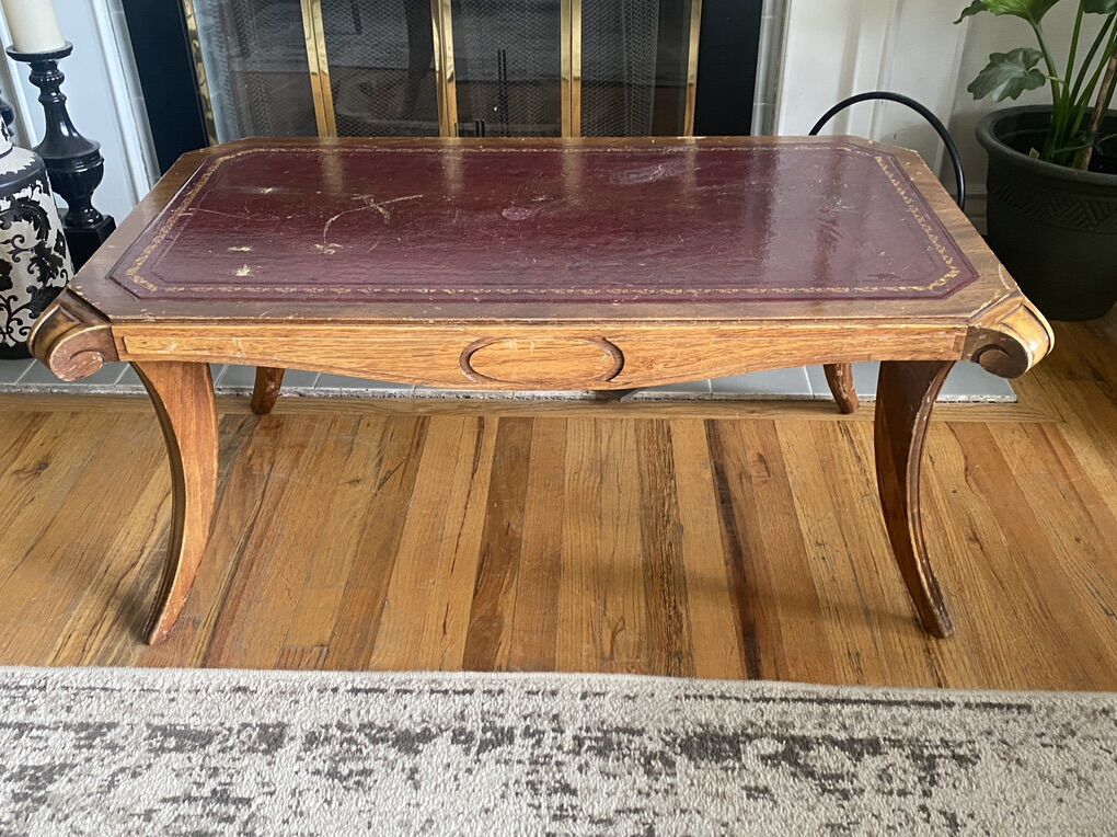 1951 MCM Tooled Leather Top Mahogany Coffee Table