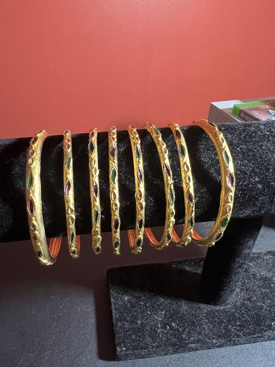 Gold Tone Bangle Bracelet Set - Set of 8 with Multicolor Jewel Accents