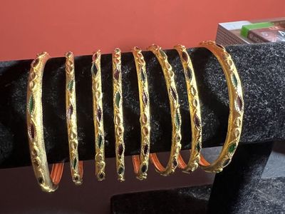 Gold Tone Bangle Bracelet Set - Set of 8 with Multicolor Jewel Accents
