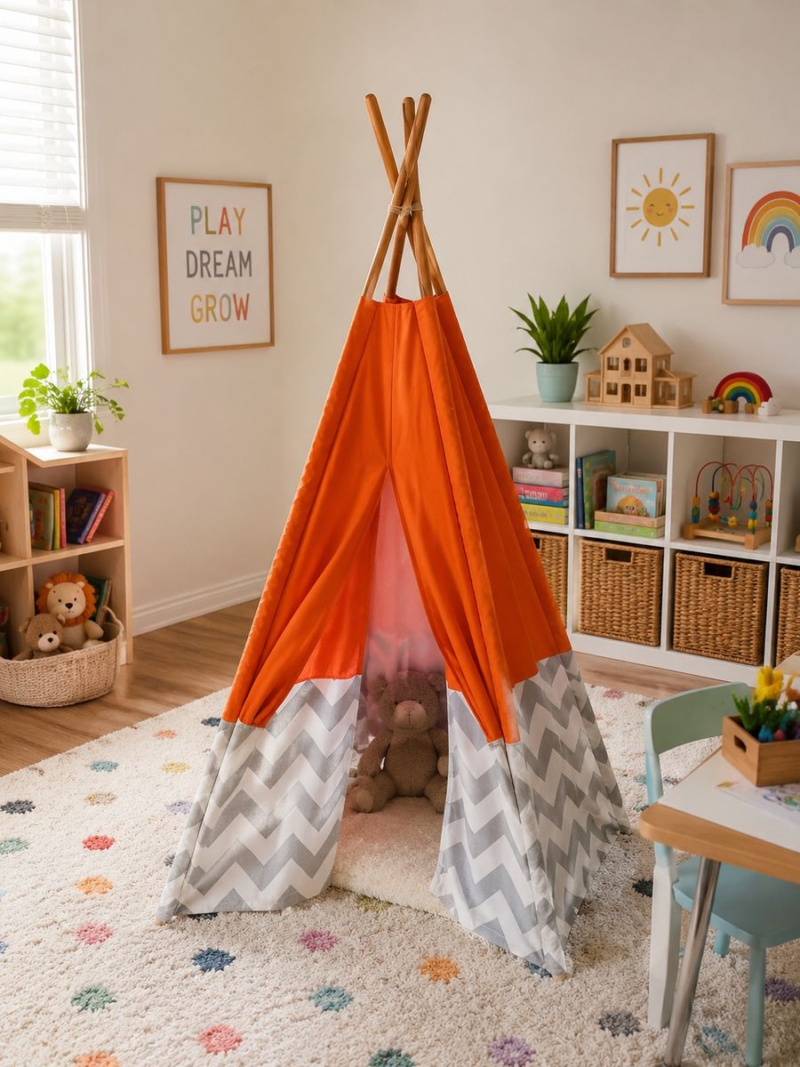 KidKraft Kids Teepee Play Tent – Orange & Gray Chevron | 5’8” Tall