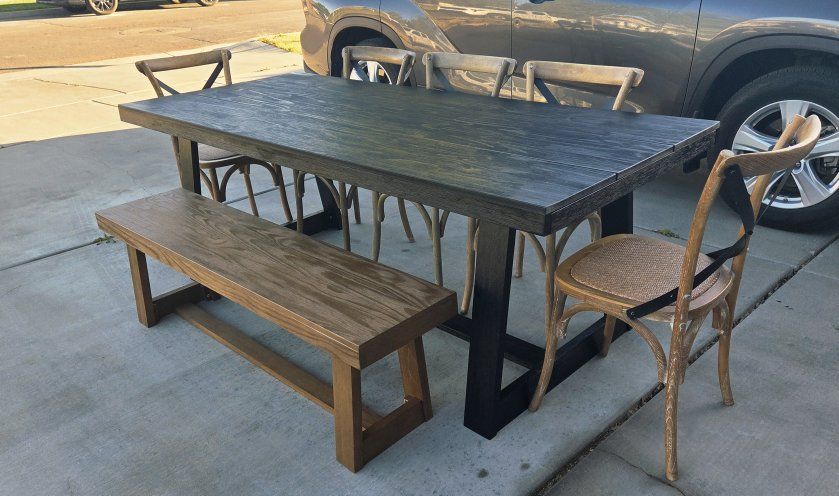 Basiclly New Solid Wood 84" 7-piece 8 Seat Dining Table, Bench and Chairs Set