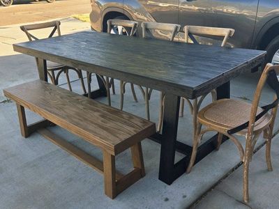 Basiclly New Solid Wood 84" 7-piece 8 Seat Dining Table, Bench and Chairs Set
