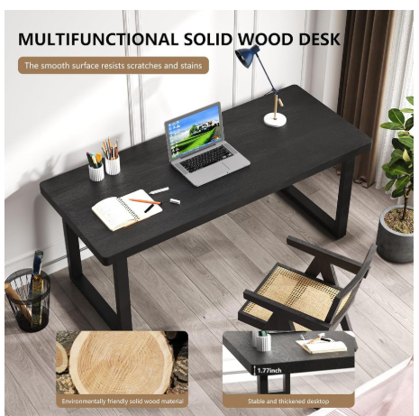 55 Inch Solid Wood Computer Desk with Sturdy Metal Base - Stylish Durable Offfice Desk