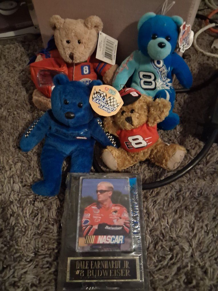 Dale Earnhardt Jr. #8 NASCAR Memorabilia Lot including 4 Plush Bears and Framed Photo Card
