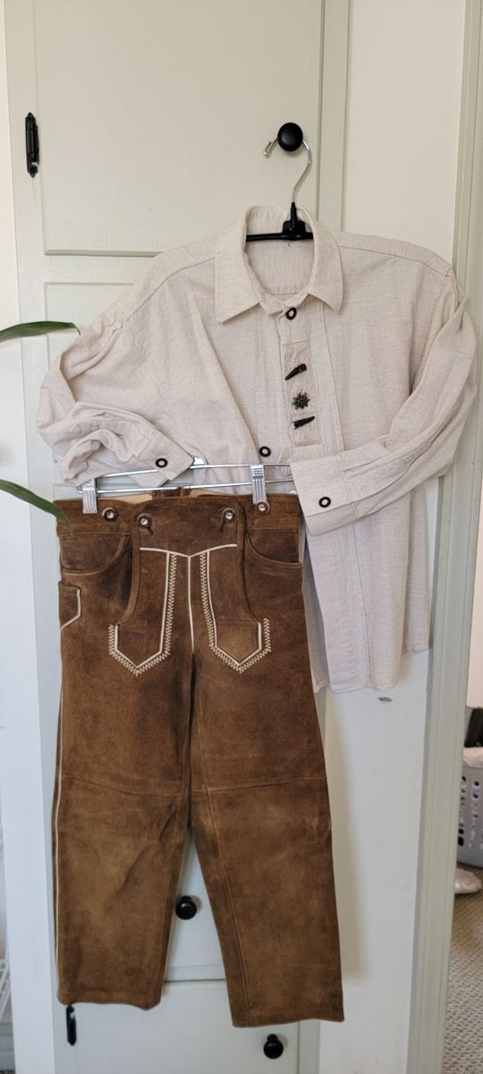 Traditional Lederhosen Leather Pants and Long Sleeve Shirt Outfit Set