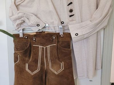 Traditional Lederhosen Leather Pants and Long Sleeve Shirt Outfit Set