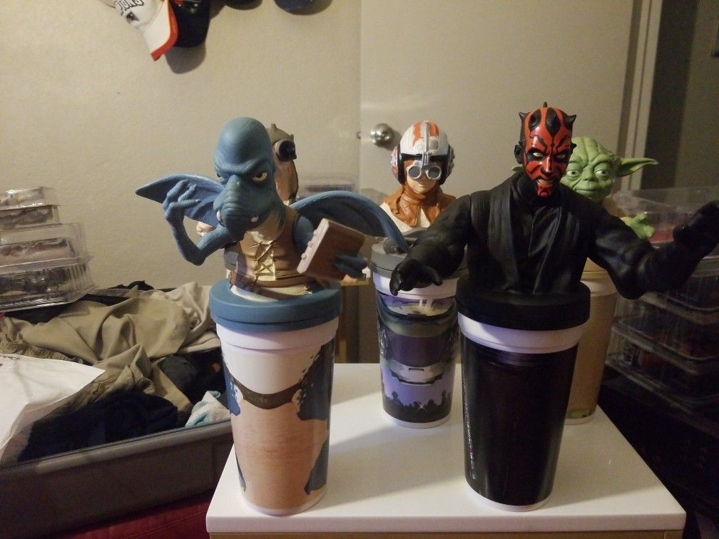 Star Wars Collectible Plastic Cups w/ Character Toppers: Watto, Darth Maul, Yoda, X-Wing Pilot