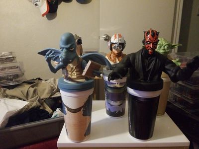 Star Wars Collectible Plastic Cups w/ Character Toppers: Watto, Darth Maul, Yoda, X-Wing Pilot