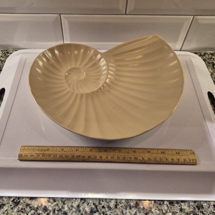 Large Beige Nautilus Seashell Shaped Decorative Ceramic Bowl Dish