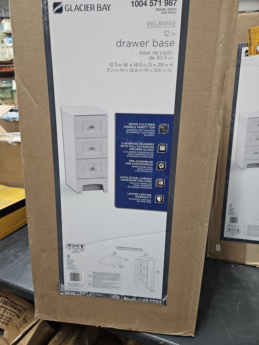 Glacier Bay Delridge Pearl Gray 12in Drawer Base w/ Cultured Marble Top, Full Extension Glides, Pre-assembled-2 available
