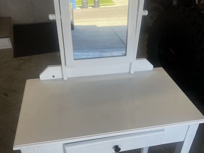 White Vanity Desk with Adjustable Mirror and Drawer
