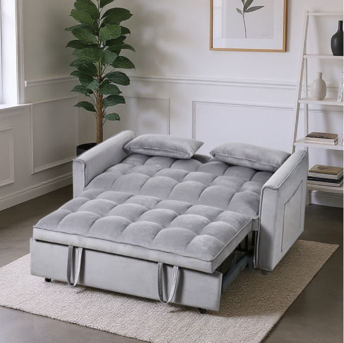 3 in 1 Convertible Sleeper Sofa Bed, Pull Out Couch Bed, Adjustable Backrest, Loveseat – Gray Velvet