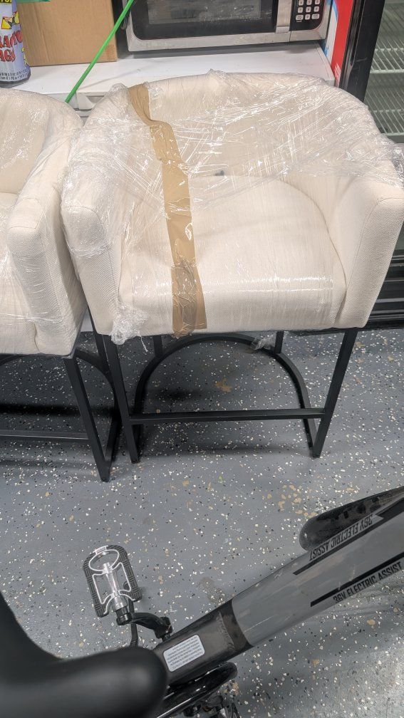 Pair of  WhiteUpholstered Counter Height Bar Stools with Black Metal Legs
