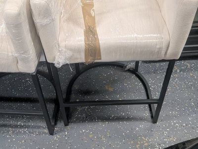 Pair of WhiteUpholstered Counter Height Bar Stools with Black Metal Legs