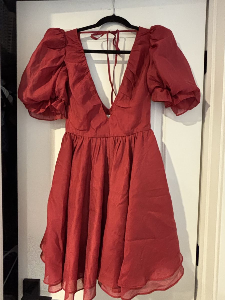 Asos LUXE Red Puff Sleeve V-Neck Mini Dress Size 2