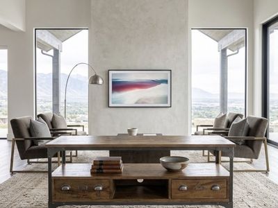 Mango Wood and Metal TV Stand Media Console with Casters and Drawers