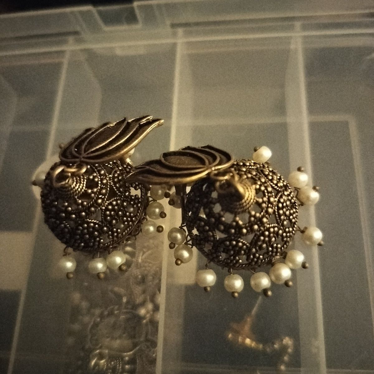 Antique Gold Jhumka Earrings – Lotus Design w/ Pea