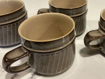Vintage Denby-Langley Sonnet pattern mugs.made in England. 8 cups, 1 creamer, 1 bowl