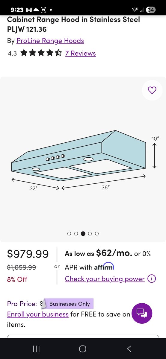 New proline range hood 36" under cabinet mount