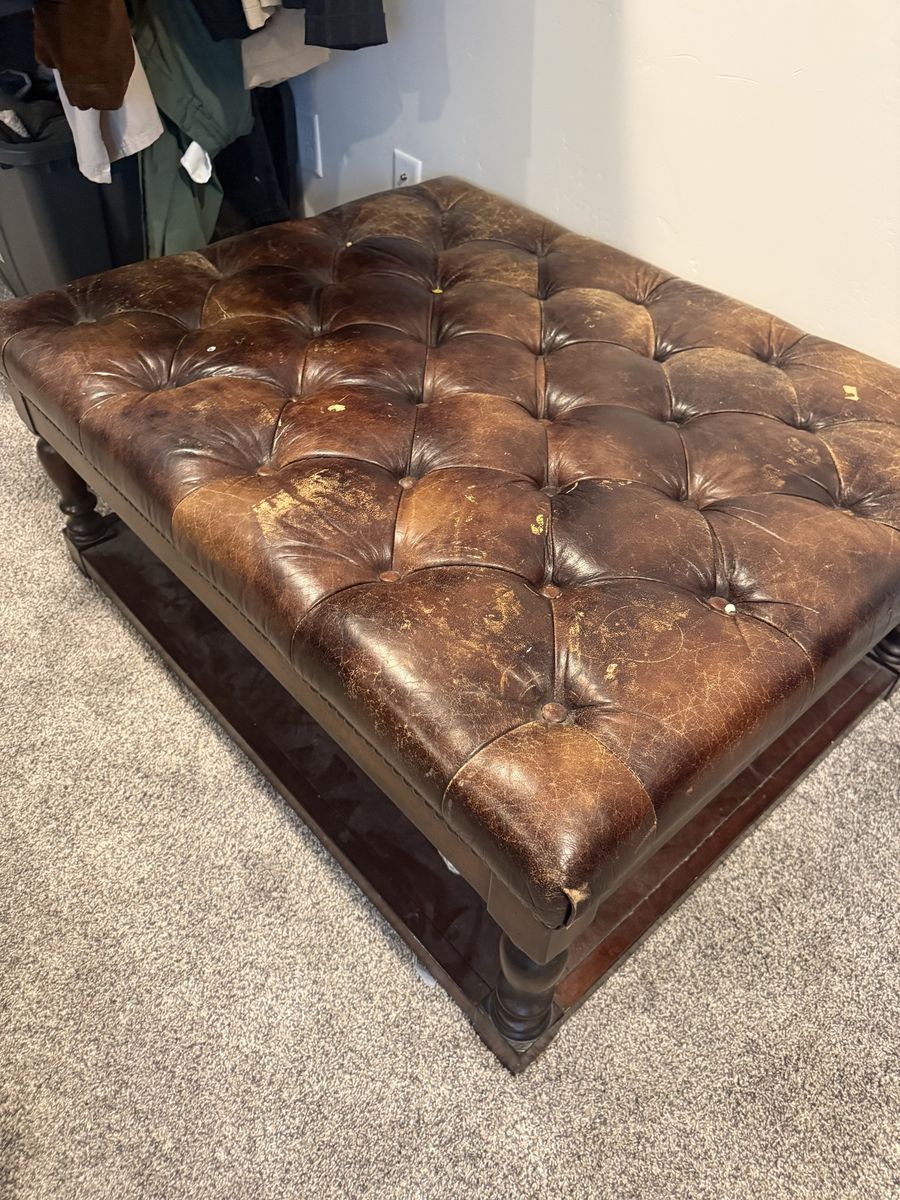 Brown Tufted Leather Ottoman with Wood Base - Distressed Look
