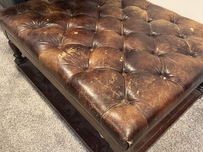 Brown Tufted Leather Ottoman with Wood Base - Distressed Look