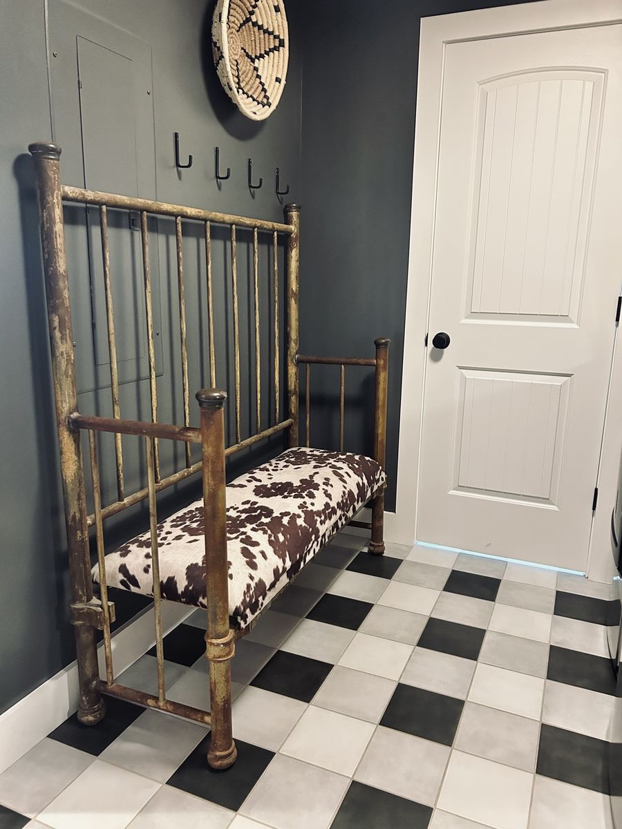 Custom antique cowhide bench