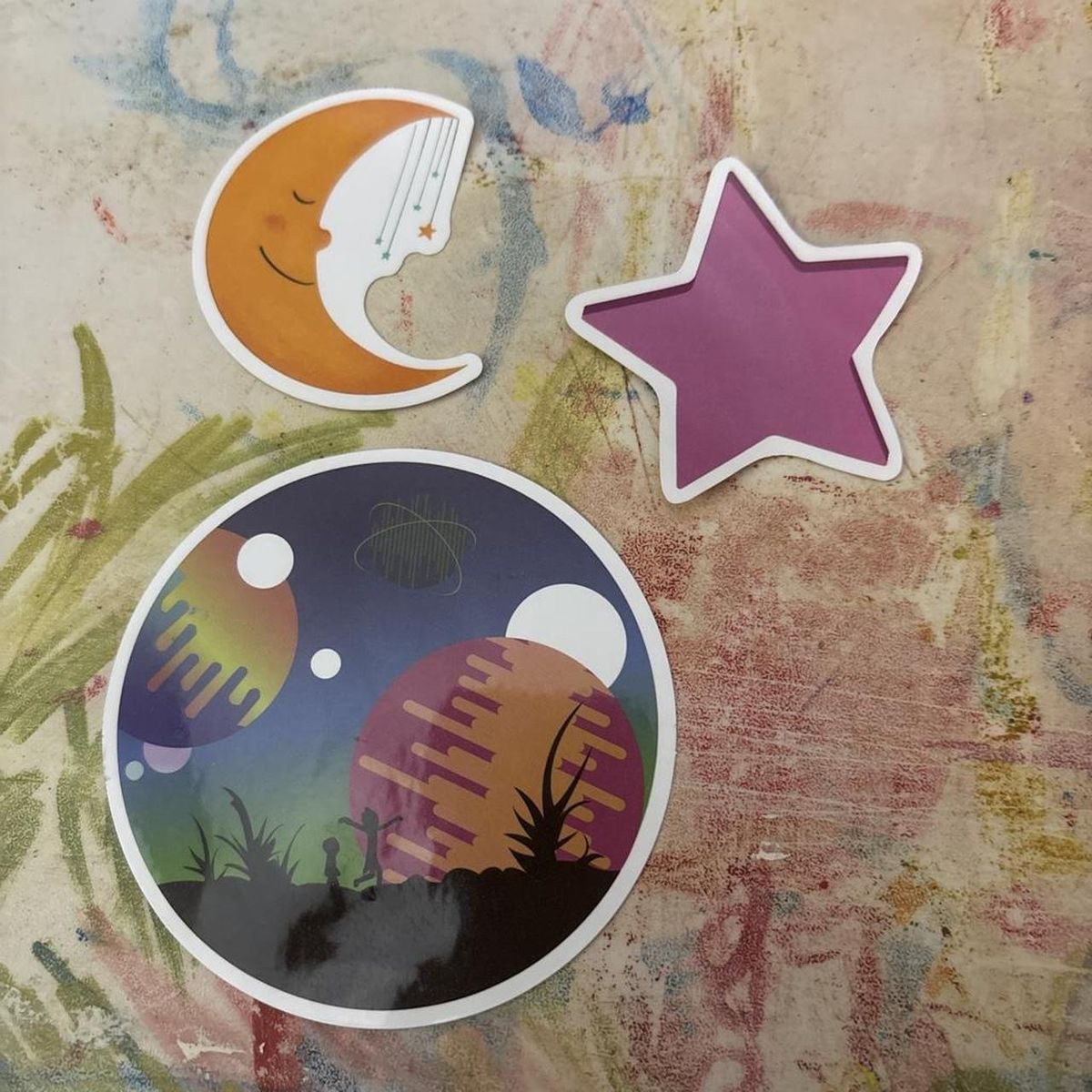 3-Pack Space Themed Sticker Set: Moon, Star, and Alien Planet Designs - Durable Vinyl Decals