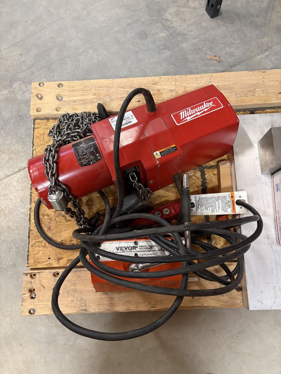 Milwaukee 2-Ton Electric Chain Hoist, 110/220VAC, 10-15ft Drop with Vevor 1-Ton Magnetic Lifter