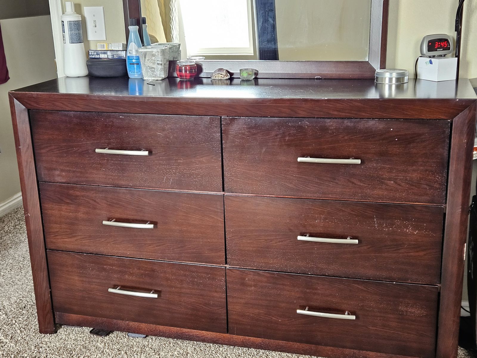 6 Drawer Dresser Dressing Table with Mirror and 2 Drawer Nightstand in brown cherry finish or OBO