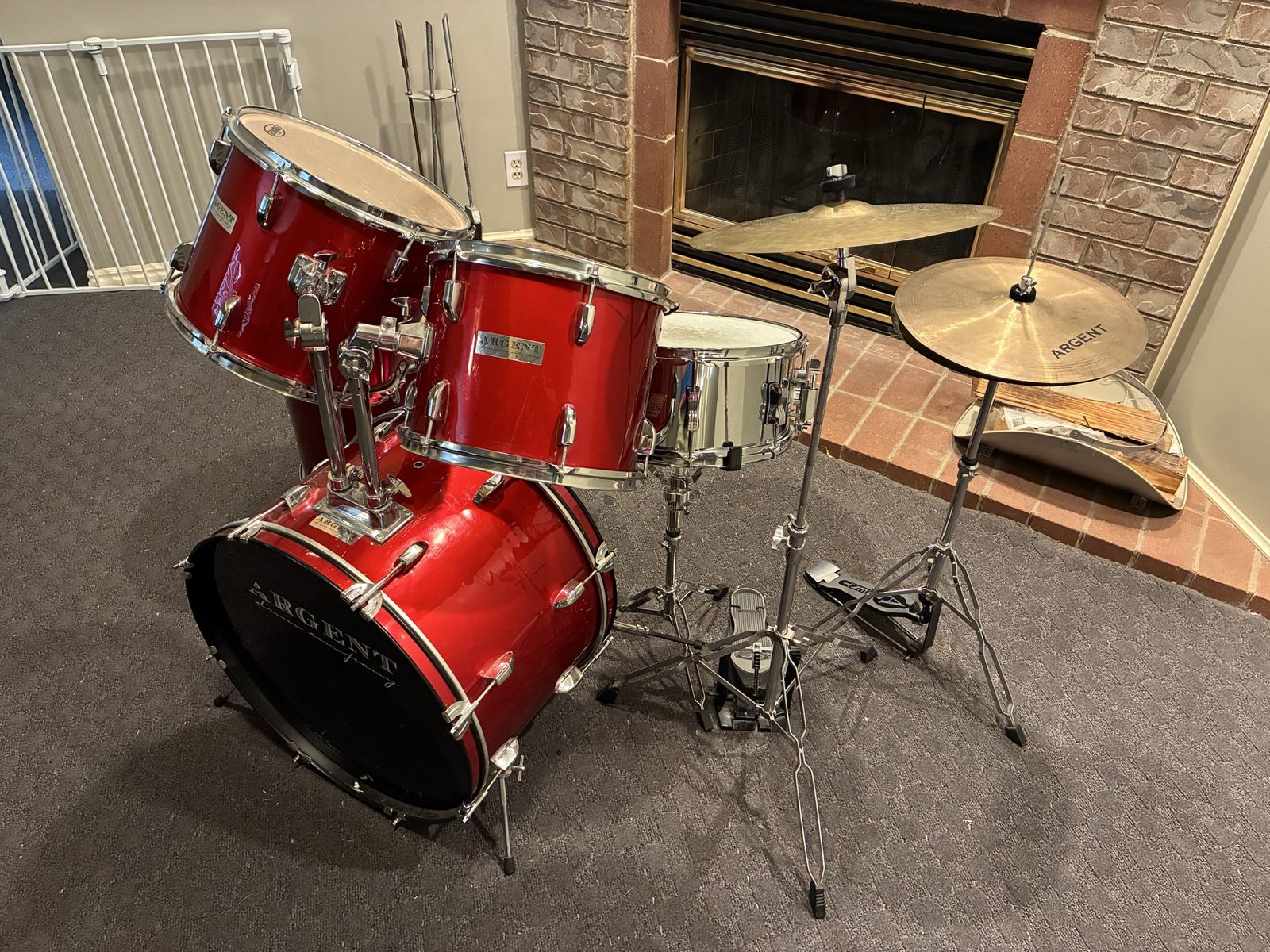 Argent Drum Company 5-Piece Drum Kit with Cymbals - Red, Chrome Hardware