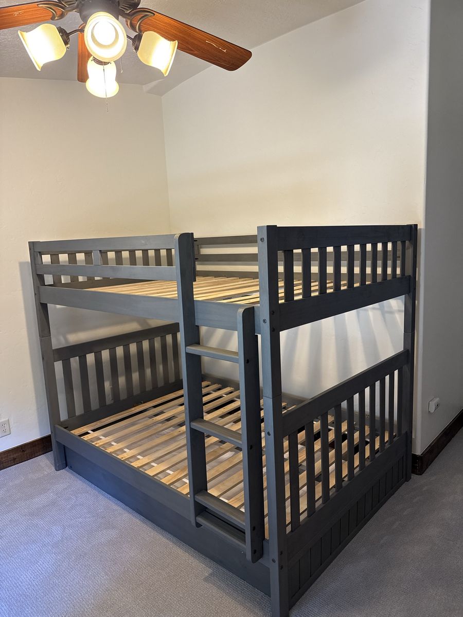 Gray Wooden Bunk Bed Frame with Slats and Ladder
